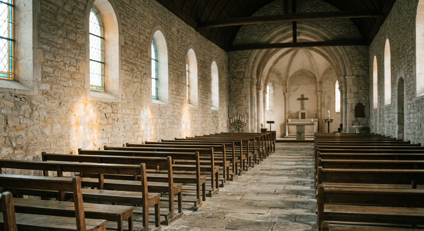 Nef d'une église baignée de lumière tamisée, avec des fleurs blanches disposées avec sobriété